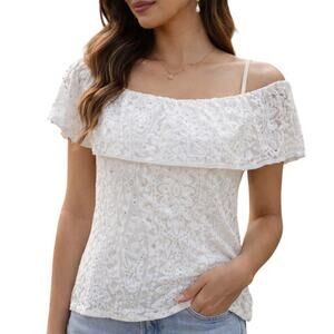Women's XS White Lace Off Shoulder Peasant Blouse Boho Romantic Top